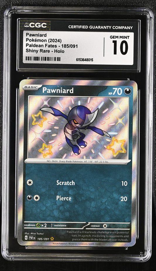 Pawniard 185/091 Paldean Fates Shiny Rare Holo CGC 10